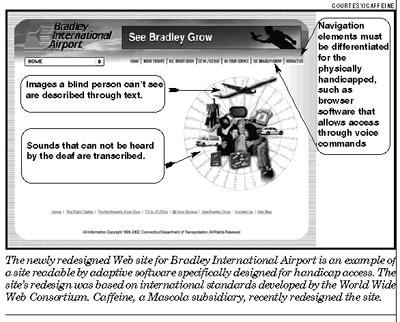 a screen capture of the Bradley Internation Airport web site home page, with accessibility informationw